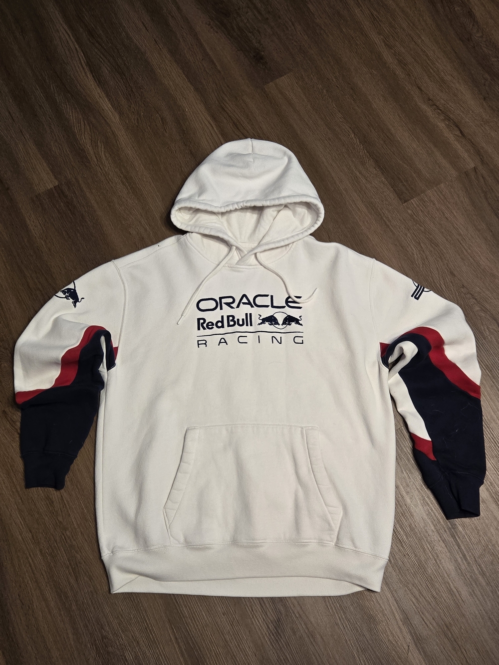Hollister White Hoodie with Navy and Red Sleeve Stripes Size Large
